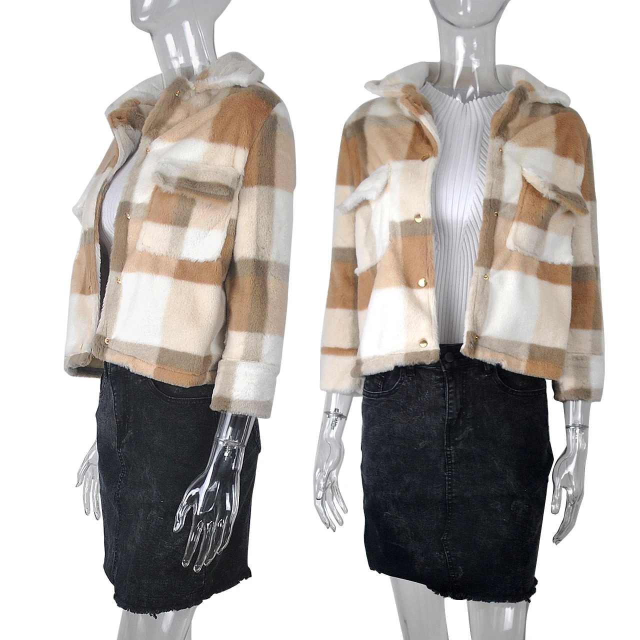 

Women Fashion Plaid Faux Fur Coat Winter Warm Fleece Plush Jackets Office Lady Casual Long Sleeve Outwear Tops Streetwear Outfit