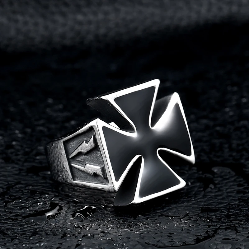

New Black Cross Shape Ring Men's Ring Fashion Metal Electro-Optical Pattern Ring Accessories Punk Party Jewelry Size 7-12