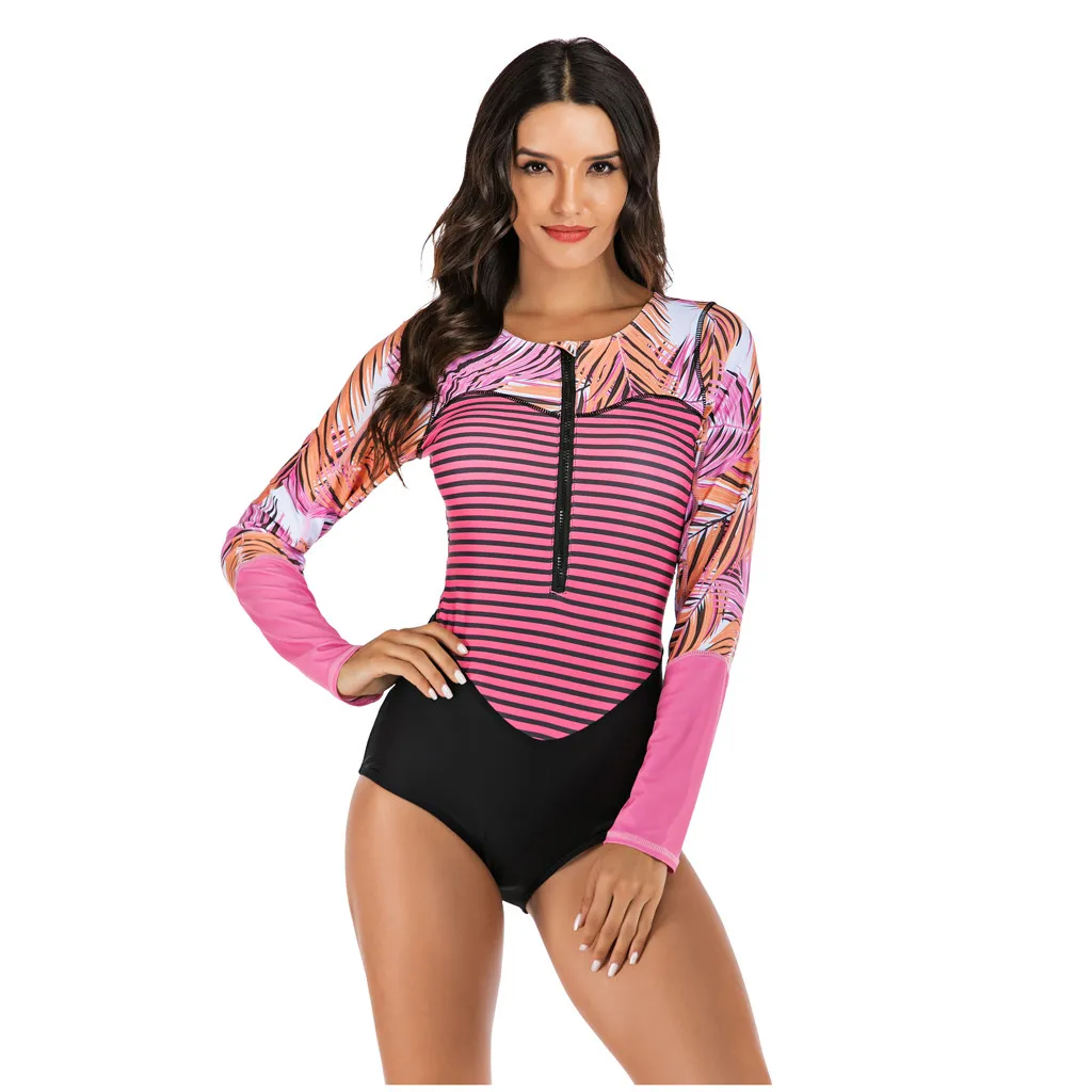 SAGACE длинный рукав Рашгард летняя Новинка принт купальник на молнии Цельный