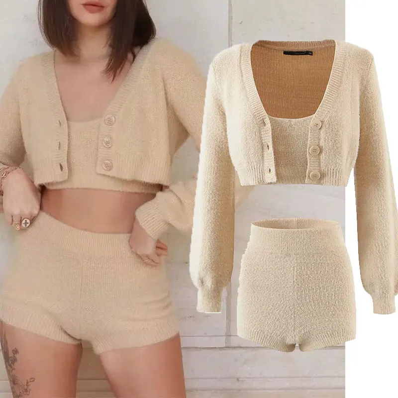 

Женский костюм Nlzgmsj Za, костюм-тройка, женский Кардиган с длинным рукавом и шорты, женские повседневные Бриджи 202107