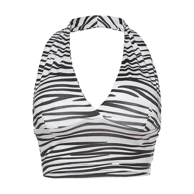 

Eversea Summer Camisole Deep Neck Sling V-Collar Zebra Stripped Crop Backless Sexy Style Vest