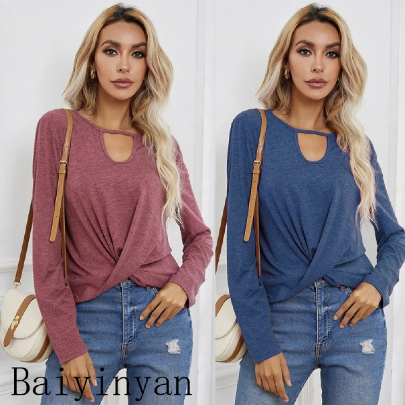 

Spring and Summer round Neck Pullover Long Sleeve Solid Color Loose Women's Commuting Wear KnittedTT-shirt