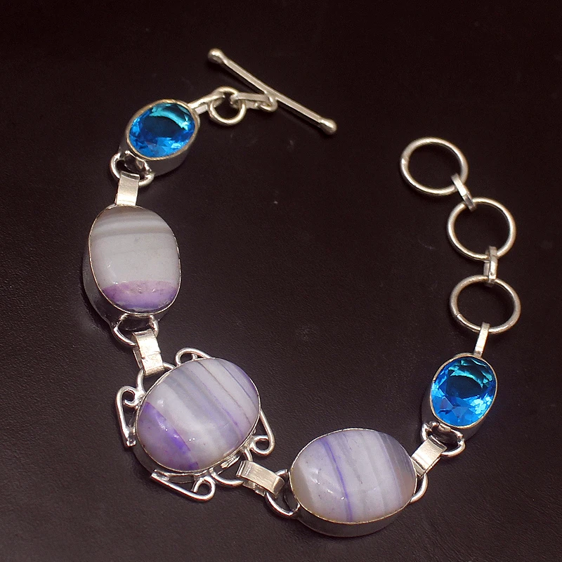 

Fashion Jewelry BotswanaAgate BlueTopaz Silver Color Chain Links Bracelet 7.75 Inch HD64