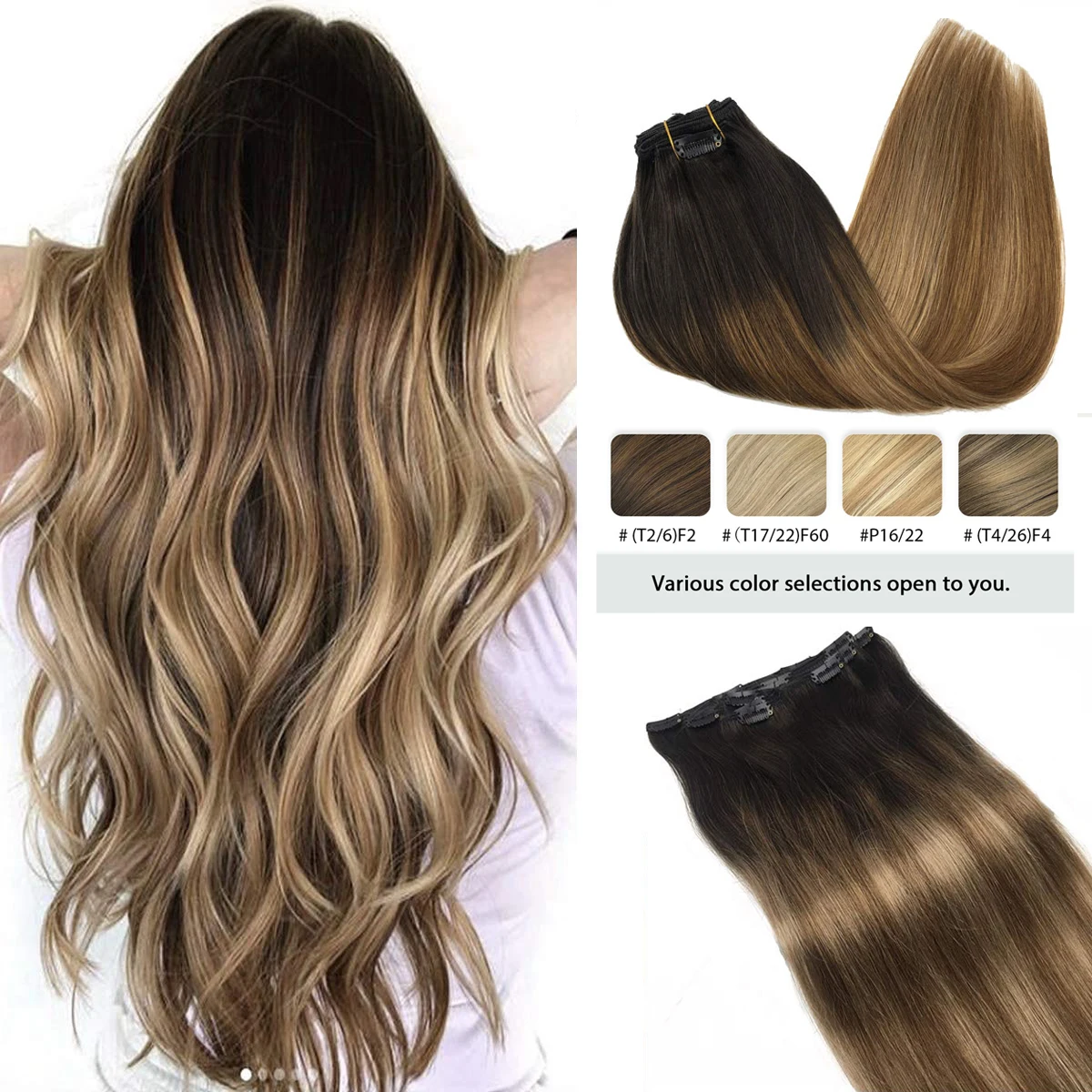 

Straight Clip In Hair Extensions Natural Remy Hair Balayage Color Real Human Full Head Clip in Hair Extensions 120g/7Pcs A Set