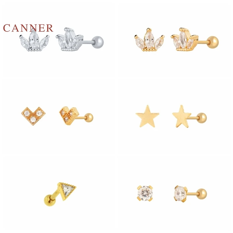 

Женские серьги-гвоздики с короной CANNER, 1 шт., Настоящее серебро 925 пробы, треугольные серьги-гвоздики с v-образной звездой и цирконием, ювелирн...