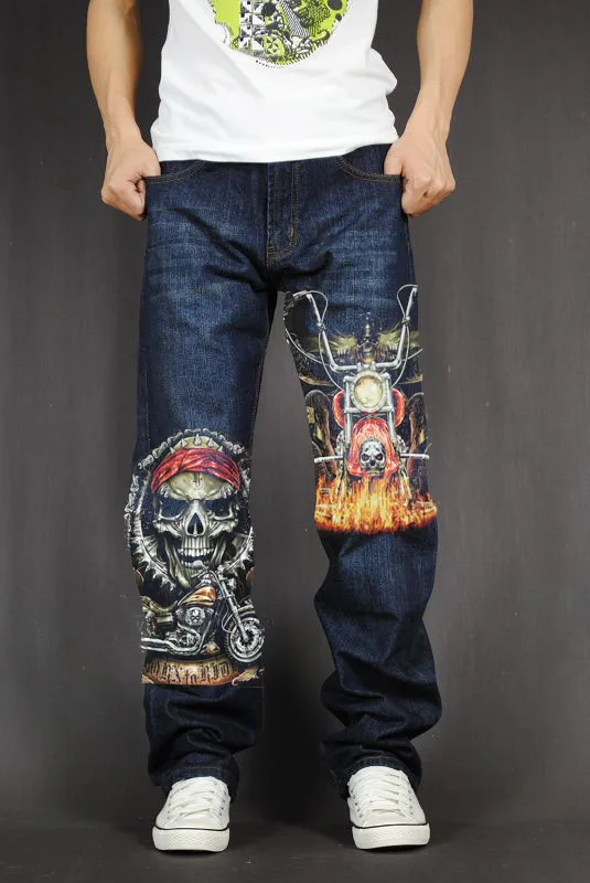 

Men's Long Pants Baggy Loose Fit Jeans Rap Hip Hop Skate Denim Trousers Straight Stretch Casual Trousers dragon Skull E15