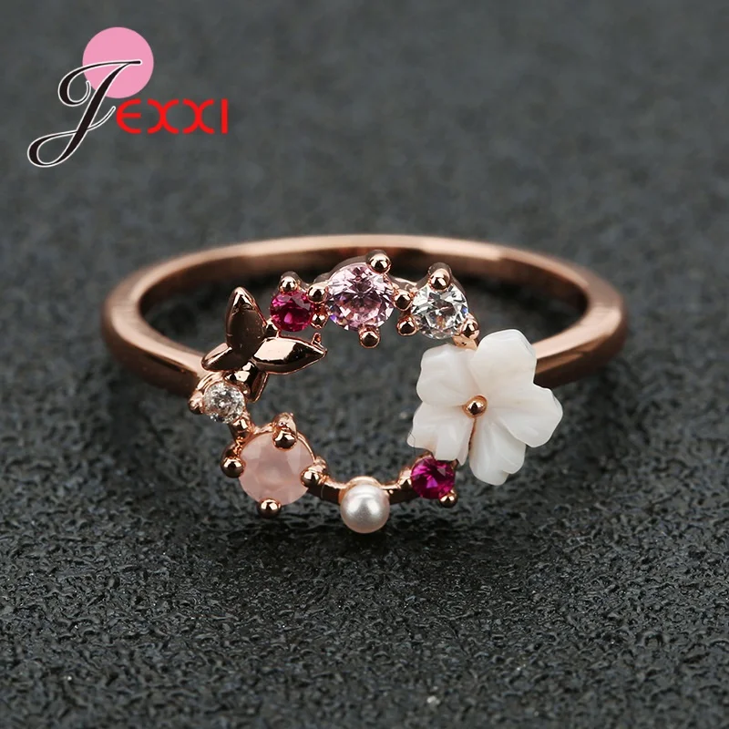 

New Collection Women Romantic Style 925 Sterling Silver Cubic Zirconia Flower Finger Rings Engagement Party Jewelry