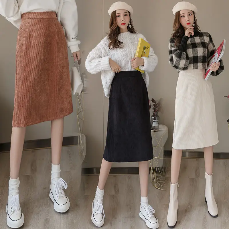 

Women 2020 Autumn Winter Corduroy A-line Skirts Female Casual Solid Skirts Ladies Elastic High Waist Knee-length Skirts J20