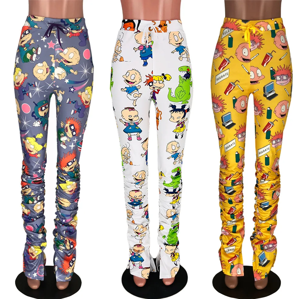 

Sweatpants Cartoon Print High Waist Ruched Women Joggers Elastic Stacked Leggings Bell Bottom Trouser Hem Split Flare Pant
