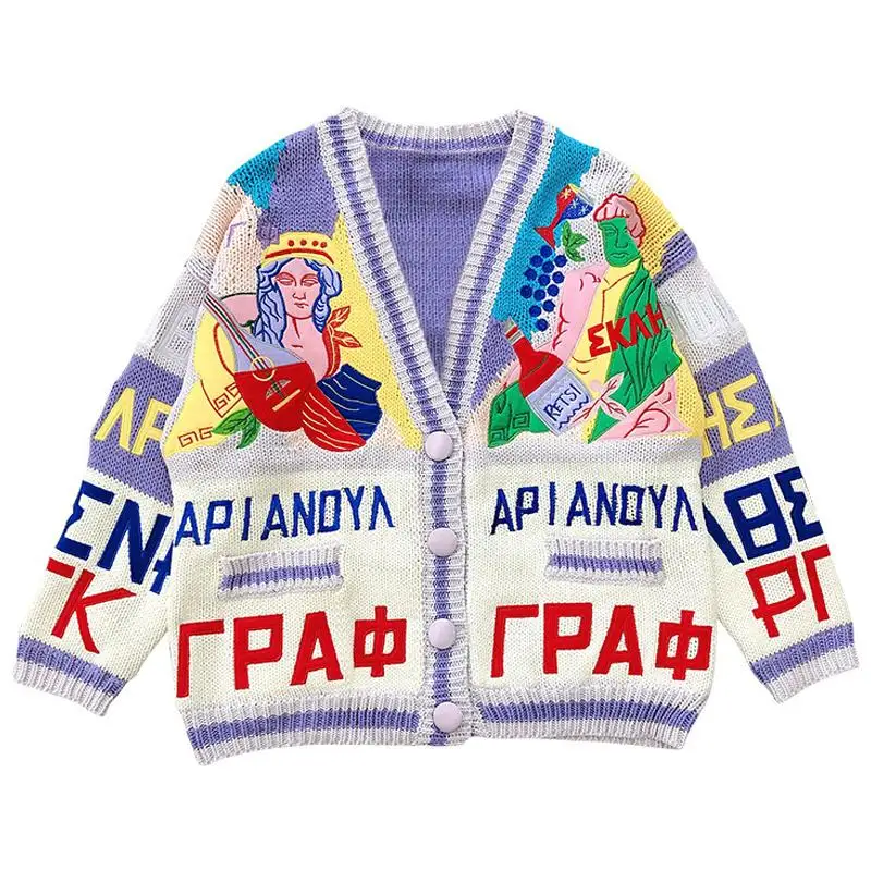 Вязаный кардиган в стиле Харадзюку вязаный свитер пуловер винтажный с вышивкой