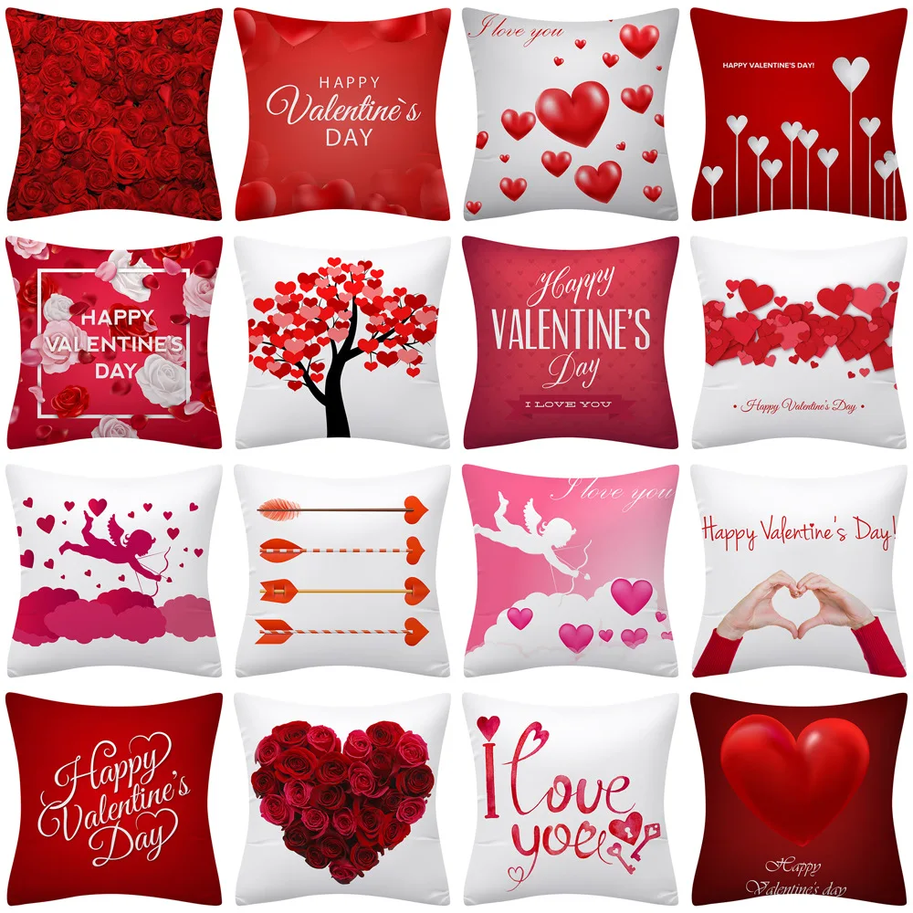 

New Valentine Lovers Pink Red Cushion Covers Hot Wedding Pillows Case Heart Print Decorative Throw Pillows Livingroom Sofa Couch