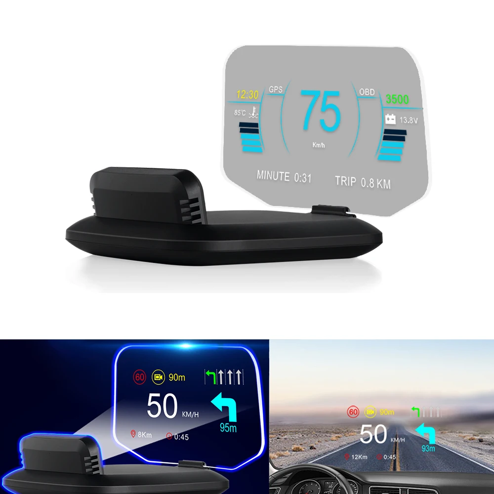 

Car Navigation Head Up Display HUD OBD2+GPS Dual Mode Windshield Projector MPH Speedometer Water Oil Temp RPM Smart Auto System