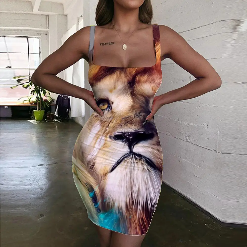

Giyu Lion Dress Women Animal 3d Print Anime Sundress Colorful Bodycon Dress Nebula Halter Sleeveless Womens Clothing Plus Size