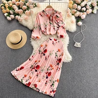 summer elegant womens pink skirt set bow knot three quarter sleeves ladies shirt chiffon pleated skirt 2 piece set female