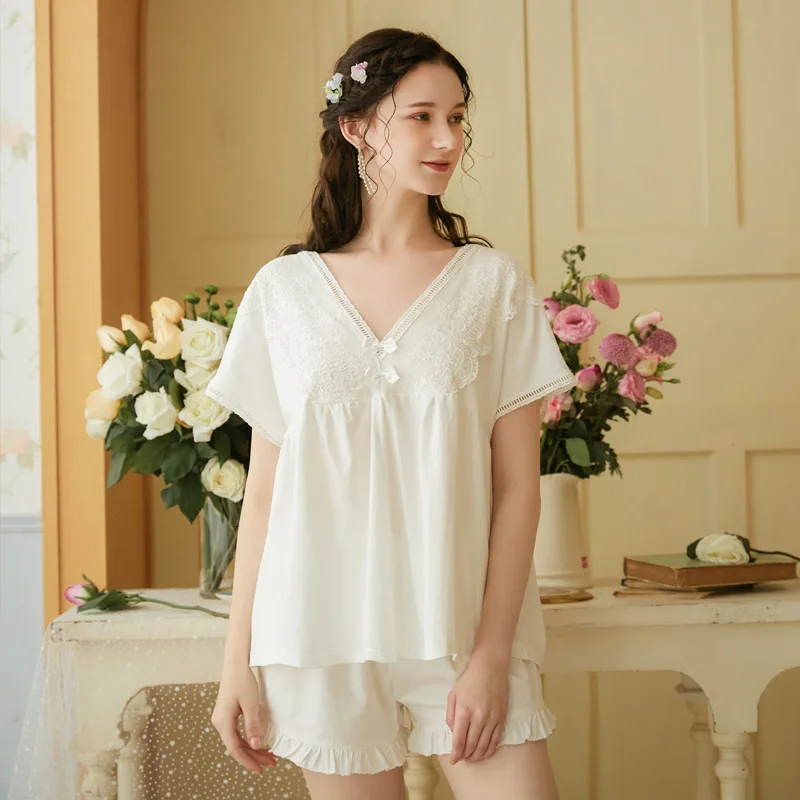 

Wasteheart White Sexy Women Sleep Nightwear V Neck Night Lace Bow Cotton Pajama Sets Sleepwear 2 Pieces Shorts Homewear