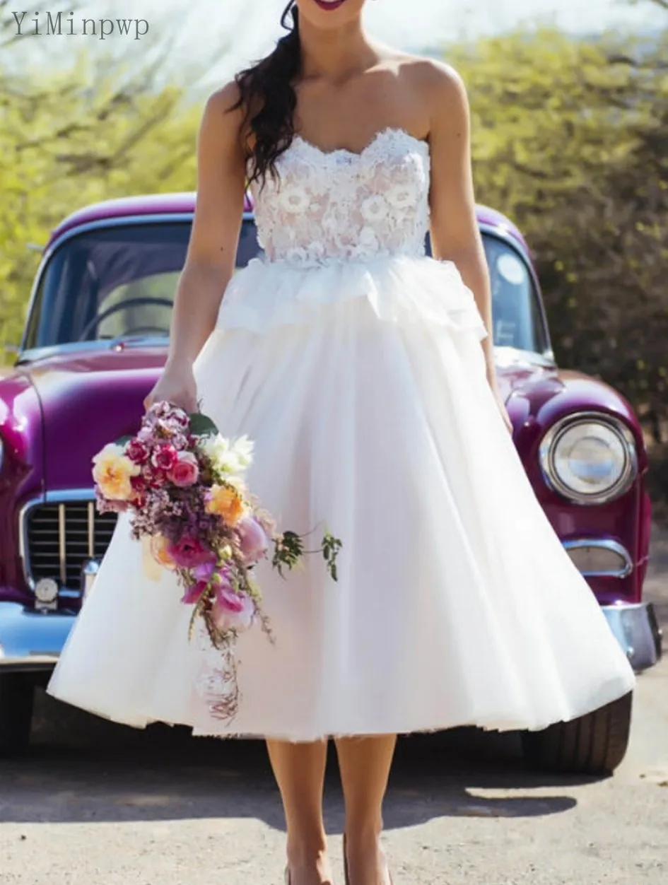 

YiMinpwp Tea Length Wedding Dresses Sweet Heart A Line Lace Appliques Garden Beach Bridal Gowns robes de mariée Plus Size