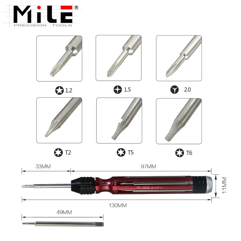 Миля 6 in1Multifunction Магнитная отвертка 2,0 Y наконечник 1,2 5-ти точечные T2 T5 T6 1,5 Phillips мобильный телефон ремонт инструменты для демонтажа, инструменты