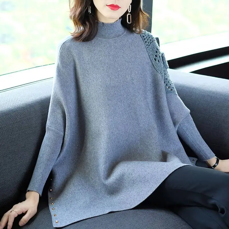 Женская свободная рубашка с круглым вырезом рукавами летучая мышь однотонная