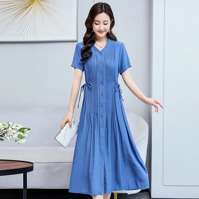 

V-Neck Plus Size Solid Summer Women Dress Casual Loose A-Line Midi Dress for Female Single Breasted Short Sleeve Ladies Dresses