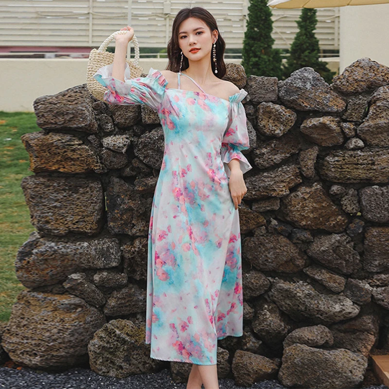 

Женское винтажное пляжное платье макси, Элегантное повседневное Привлекательное платье с открытыми плечами и цветочным принтом для отпуск...