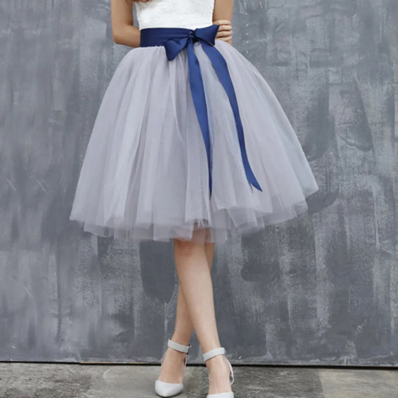 

Custom Made Women Tulle Skirts Womens 2019 Long Skirt Gray Female Elastic High Waist Pleated Bow Tutu Skirt 7 layers