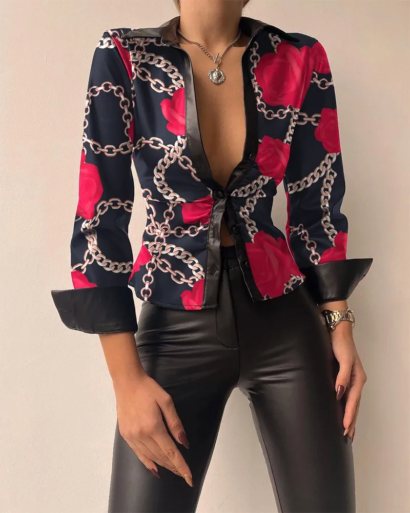 

Autumn Winter Fashion Black Plaid Print Women Blouses Casual Cardigan Ruffled Collar PU Leather Shirt Elegant Slim Office Blouse
