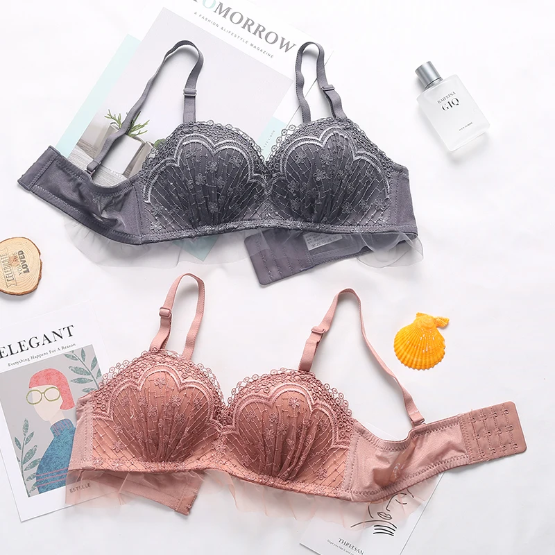

Sexy Mesh Pleated Wireless Underwear Padded Push Up Bra Set Lace Embroidery Flowers Brand and Women Leisure Bras Panties Set