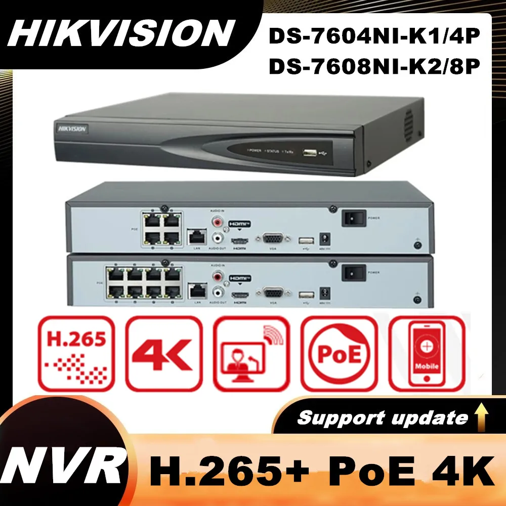 Оригинальный Сетевой видеорегистратор Hikvision 4K POE NVR DS-7604NI-K1/4P DS-7608NI-K2/8P встроенный