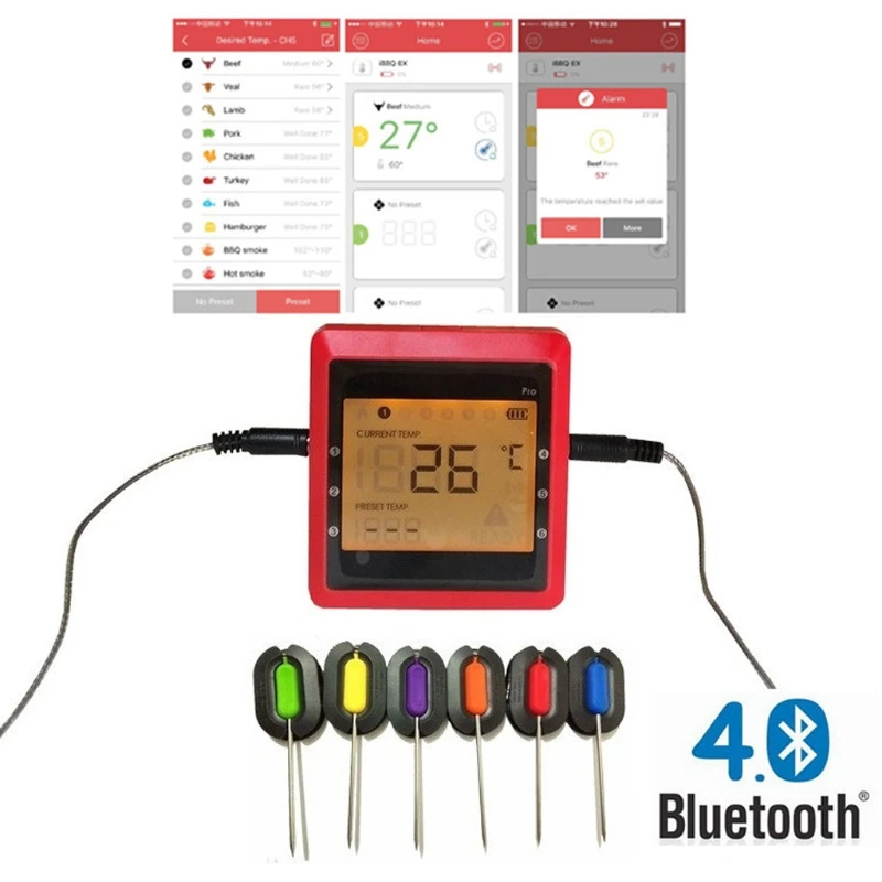 

Wireless Bluetooth Smart BBQ Thermometer Smart Cooking Thermometer with Stainless Steel Probes APP & LCD Display for Smoker Gril