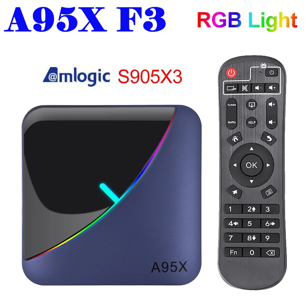 ТВ приставка A95X F3 на Android 9 0 с RGB подсветкой 4 ГБ 64 32 Amlogic S905X3 2 4/5G Wi Fi 8K Netflix Plex