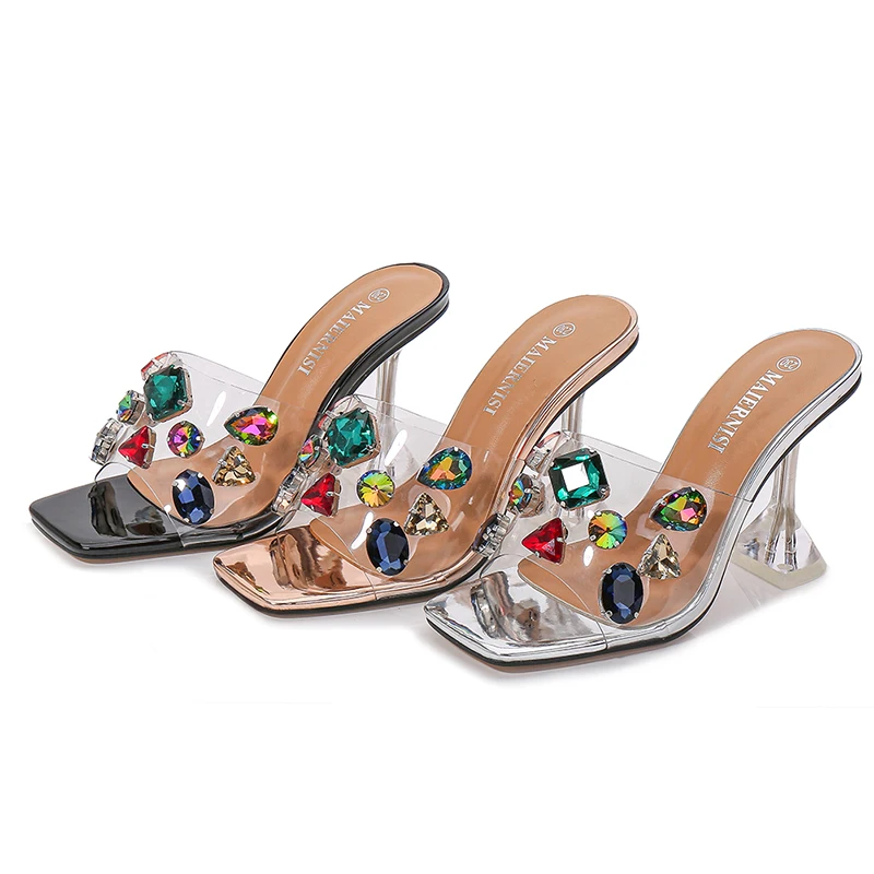 

Fashion Summer Crystal Diamond Slides Clear PVC Transparent Sandals Women Shoes Open Toe Thin Hihg Heels Mules Dress Pumps