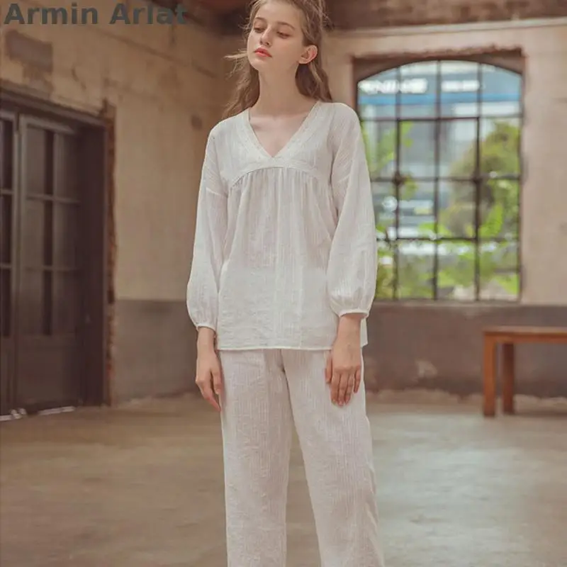

Armin Arlat Cotton Homewear Women Set Solid Pajamas For Teen Girls Casual Pyjama Lace Sleepwear Sexy Elastic Waist Pijama 2pcs
