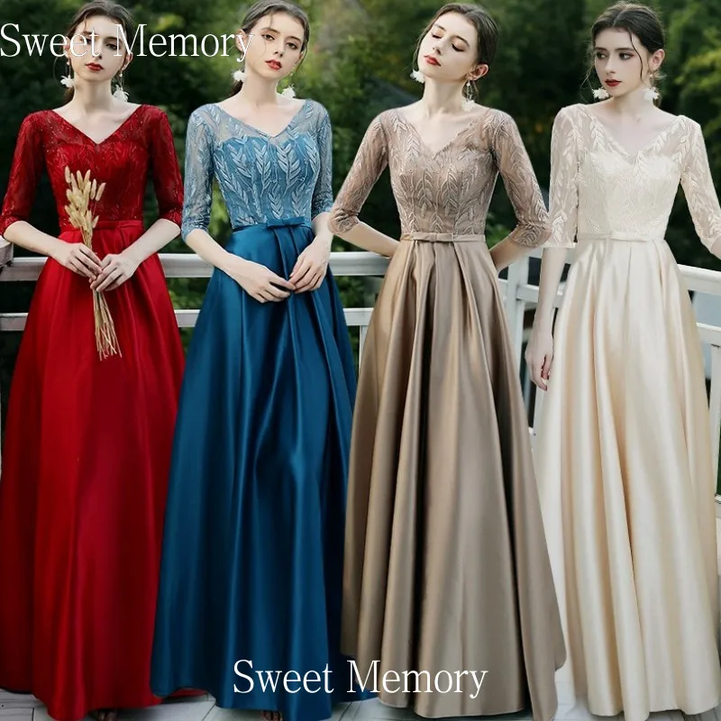 Платье на вечеринку M001 с полурукавами, из каштанового, тёмно-синего и красного атласа Sweet Memory, с длинным V-образным вырезом на свадьбу.