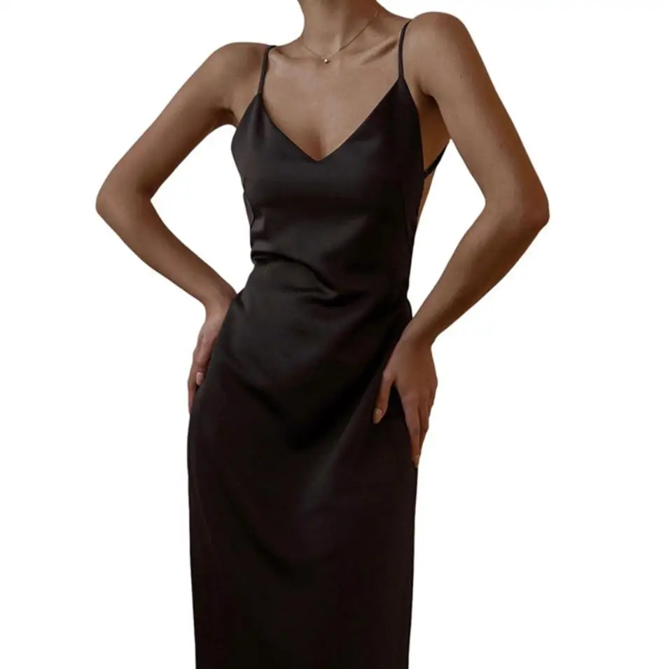 

Women Sexy Backless Solid Color Dress Stylish Sleeveless V-neck Dress for Ladies