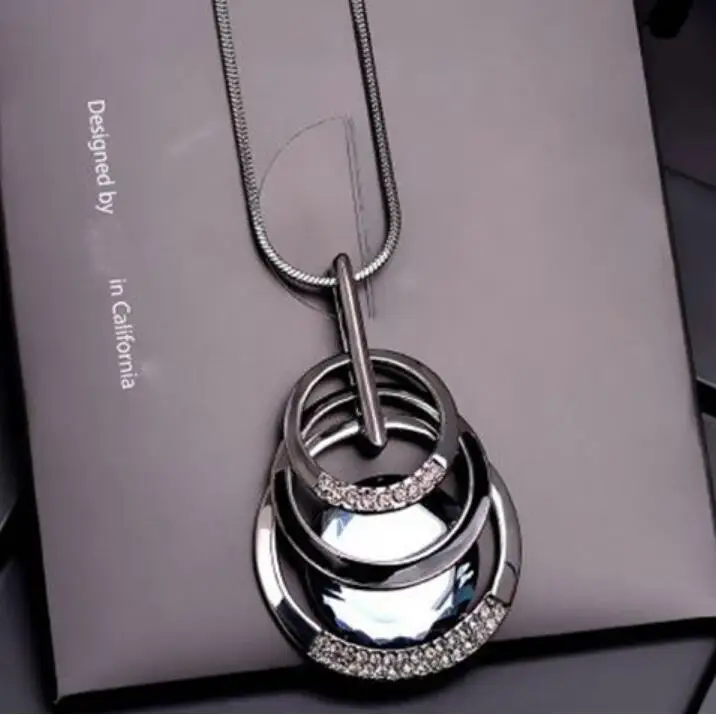 round black BYSPT серебряное Золотое длинное ожерелье со стразами винтажное панк треугольное квадратное овальное Хрустальное стекло кулон ожерелье s женские ювелирные изделия - Окраска металла: round black