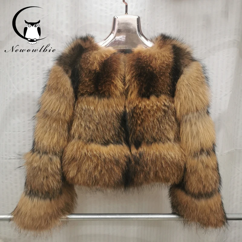 New Real Raccoon Coat Detachable sleeves in two styles  Fox Fur Coat Natural Winter Women Round Neck Warm Thick Real Fur Coat