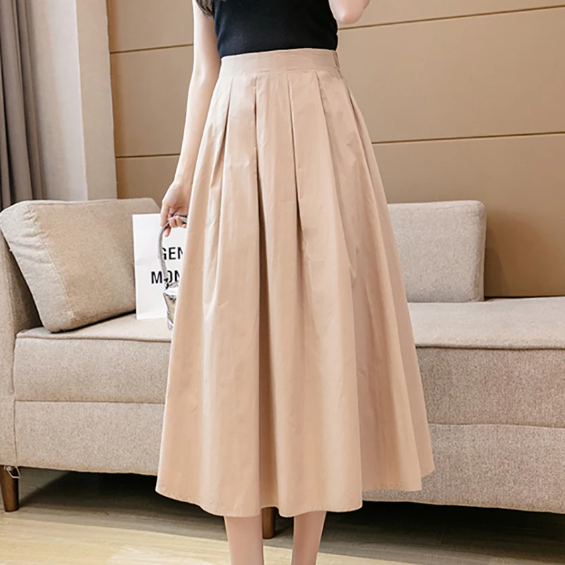 

Khaki Elegant Vintage Womens Skirts 2021 Summer Elastic High Waist Office Lady A-Line Midi Pleated Skirt Jupe Longue Femme Ete