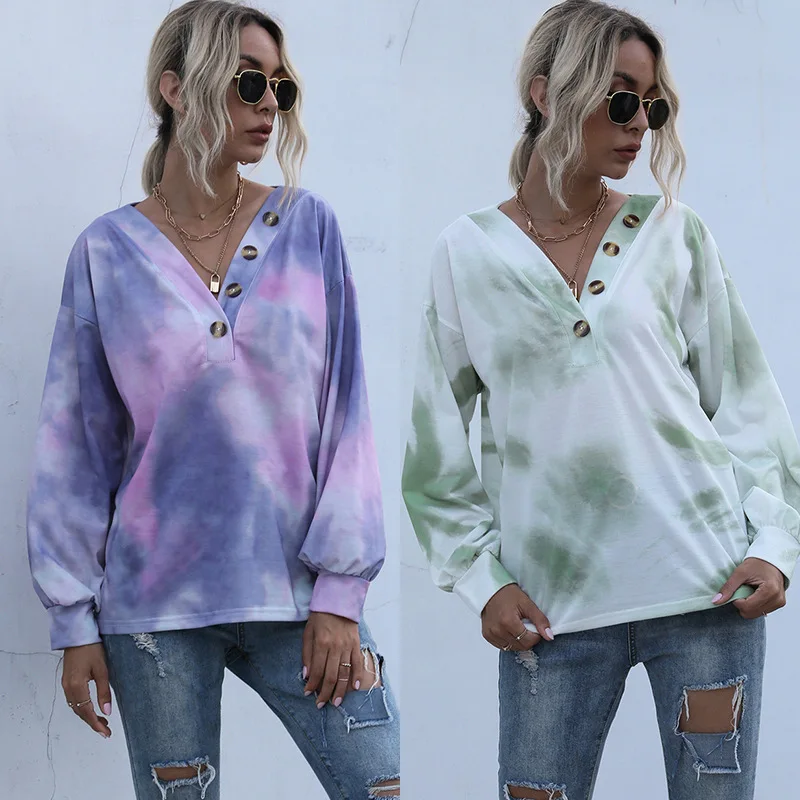 

V-Neck Tie-Dye Sweater Fall Winter Thin Hoodies Ladies Loose Casual Harajuku Pullover Sweatshirts Women Long Sleeve Tops 2021