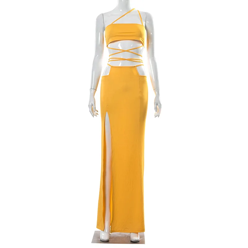 

2 Piece Sets Women Summer Sexy Backless Crop Top And Bandage Long Skirt Set Party Yellow Maxi Beach Dresses Vacation Outfits