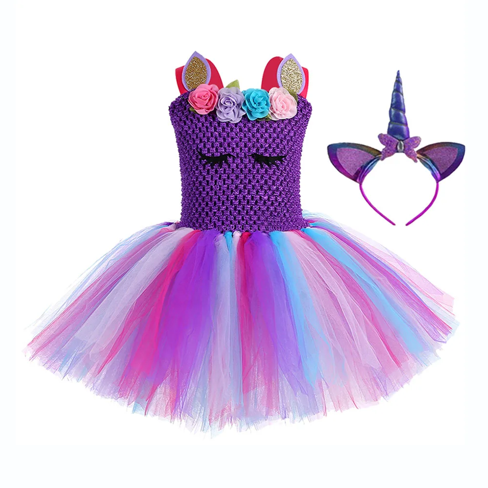 Unicorn Dress Set 1 Рождественское платье принцессы для маленьких девочек; платье с пони до колена; платье-сюрприз для подростков; платье-пачка с единорогом; повязка на голову; Крылья Ангела - Цвет: Unicorn Dress Set 1