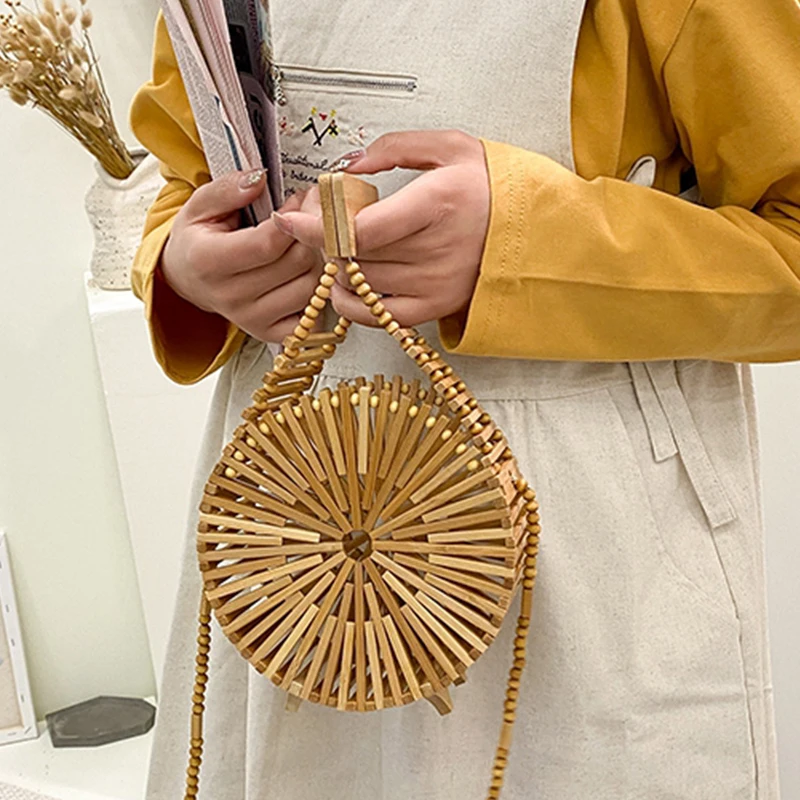 

Mini Round Bag 2021summer Luxury Handbag Women's Shoulder Bag Hollow Out Bamboo Woven Beach Bag Mobile Phone Wallet