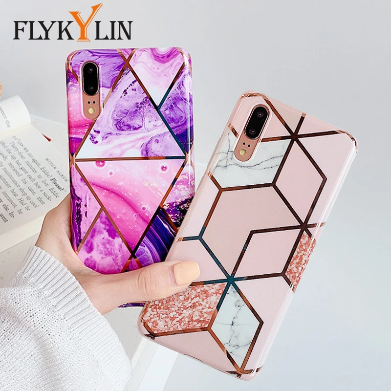 FLYKYLIN Plating Case For Huawei Mate 20 Nova 3e 4e Back Cover on P20 Lite P30 Pro Pink Purple Marble IMD Silicone Phone Coque |