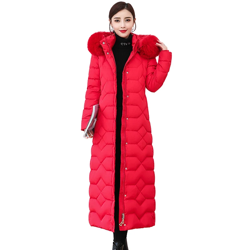 Женский зимний пуховик с капюшоном длинная парка воротником из натурального