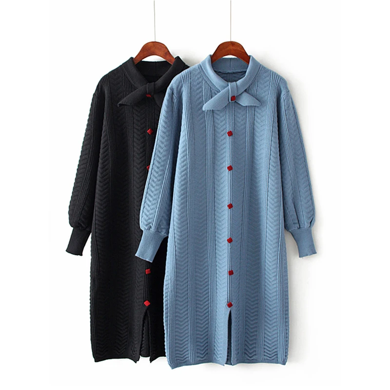 

PERHAPS U Knitted Blue Black Beige Button Bow Collar Midi Sweater Dress Autumn Elegant Long Puff Sleeve Stragiht D1368