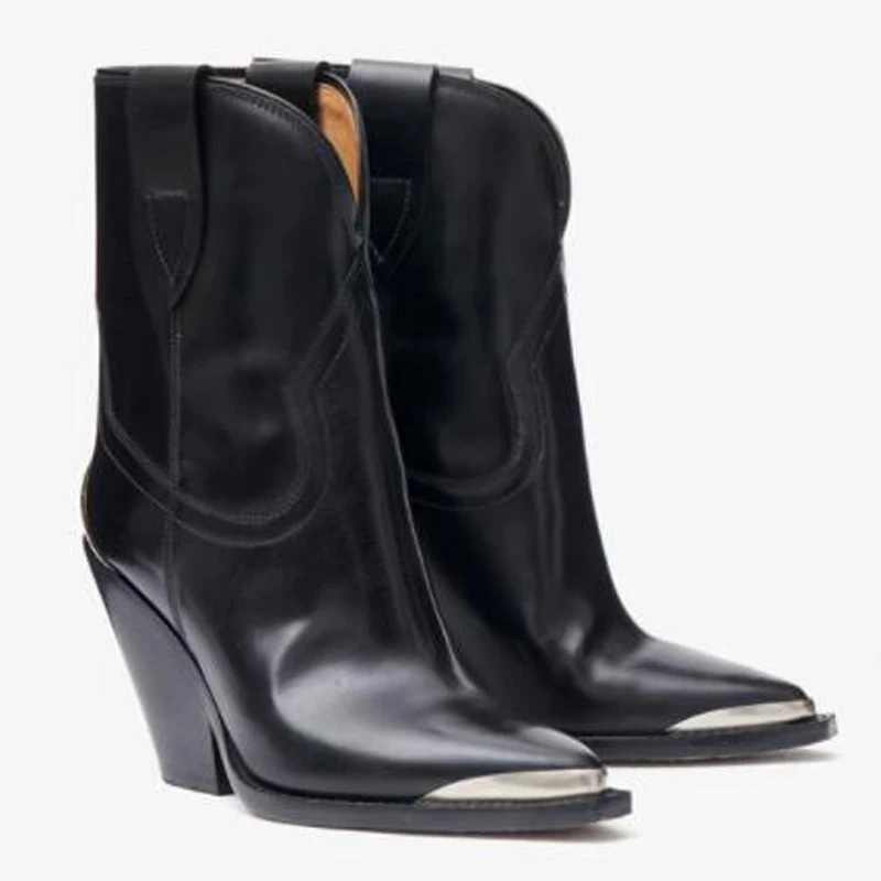 

Designer Genuine Leather Ankle Boots For Women Autumn Winter Chelsea High Heels West Cowboy Short Boots Cowgirl Shoes