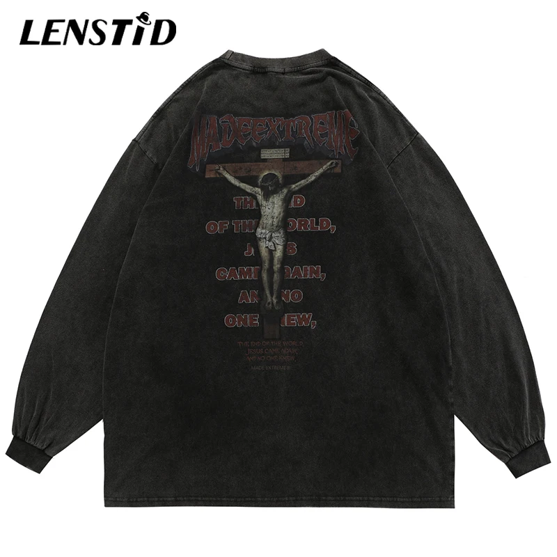 

LENSTID Autumn Men Washed Oversize Long Sleeve T-shirts Hip Hop Letter Graphic Print Tshirts Harajuku Streetwear Cotton Top Tees