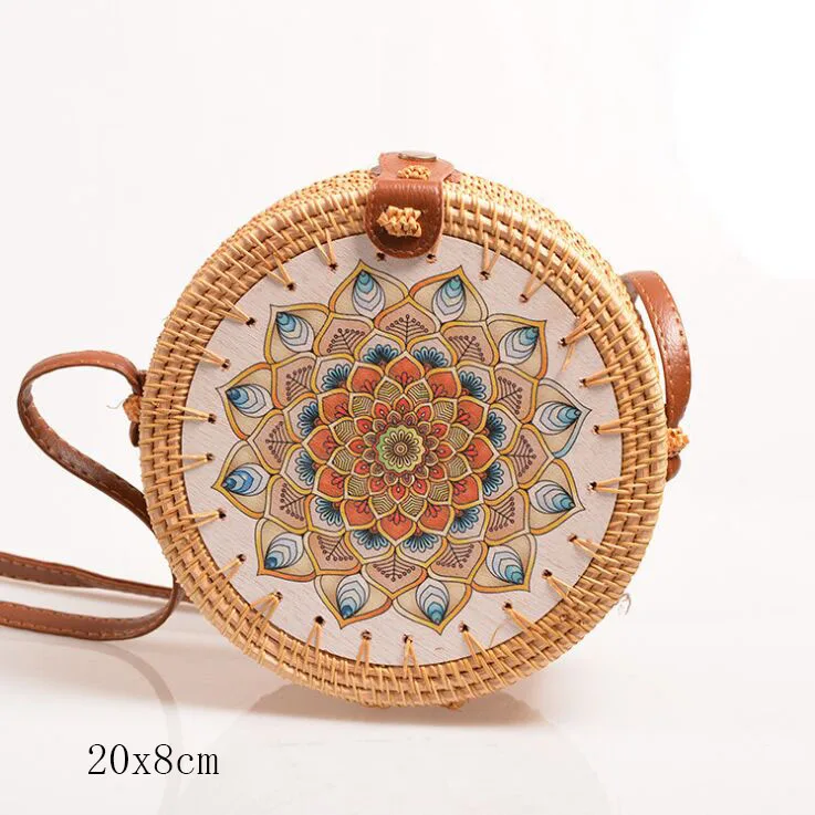 flower U 20X8cm Солнечный пляж, ручные тканые сумки, круглая сумка с пряжкой, Ротанговые соломенные сумки, ранец, богемная пляжная круглая сумка - Цвет: flower U 20X8cm