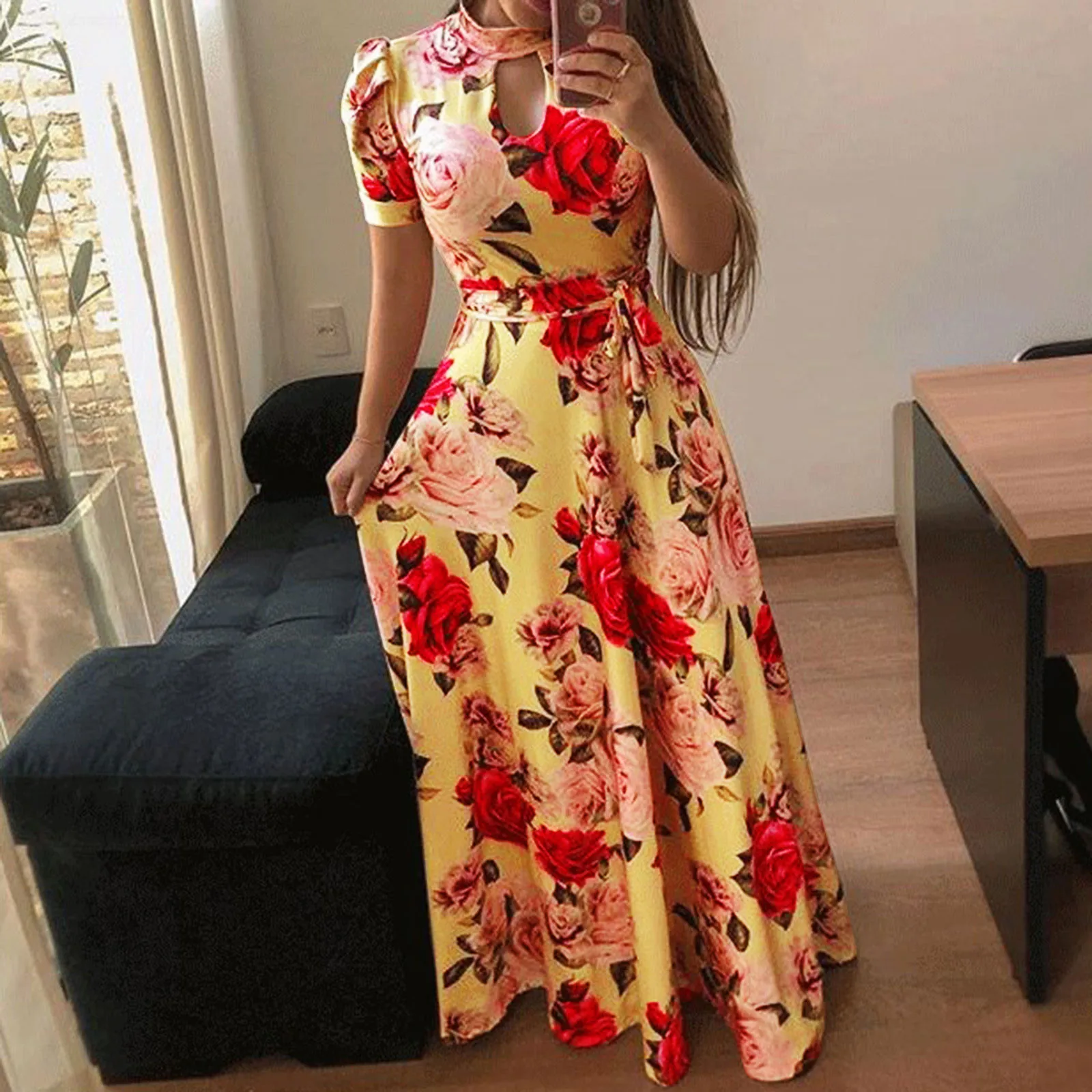 

40# Short Sleeve Elegant Dresses Summer Vintage Printed Holiday Maxi Dress Plus Size Hollow Out Evening Party Dress Vestidos