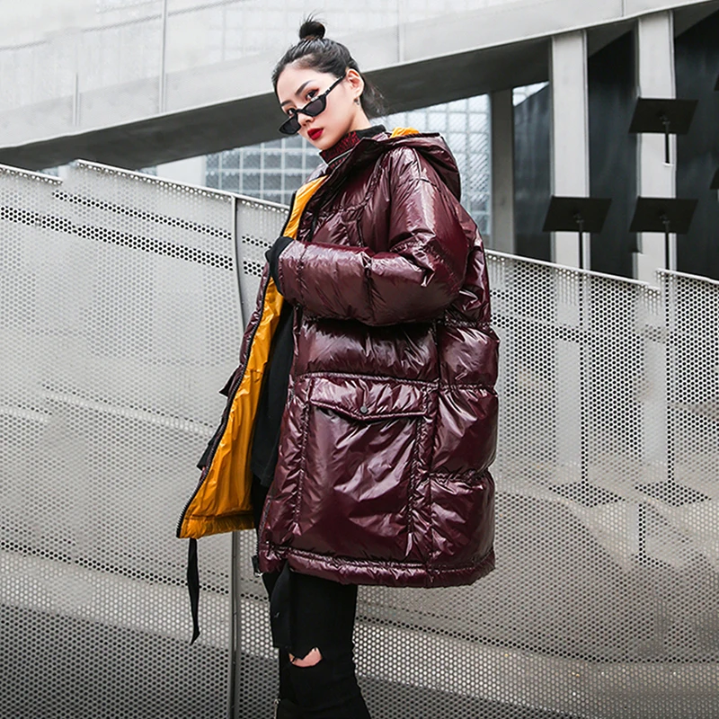 

Winter Glossy Cotton Jacket Female 2021 New Hooded Warm Down Cotton Parkas Coat Womens Long Thicken Cotton Coat Ladies Overcoat