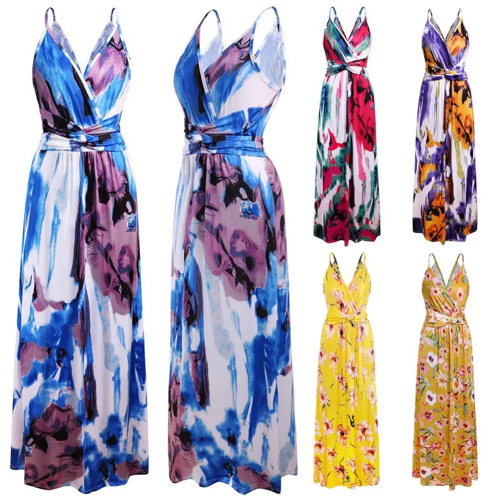 

Hot Sales Women Stylish Sleeveless V Neck Floral Print Waist Tight Large Hem Maxi Dress